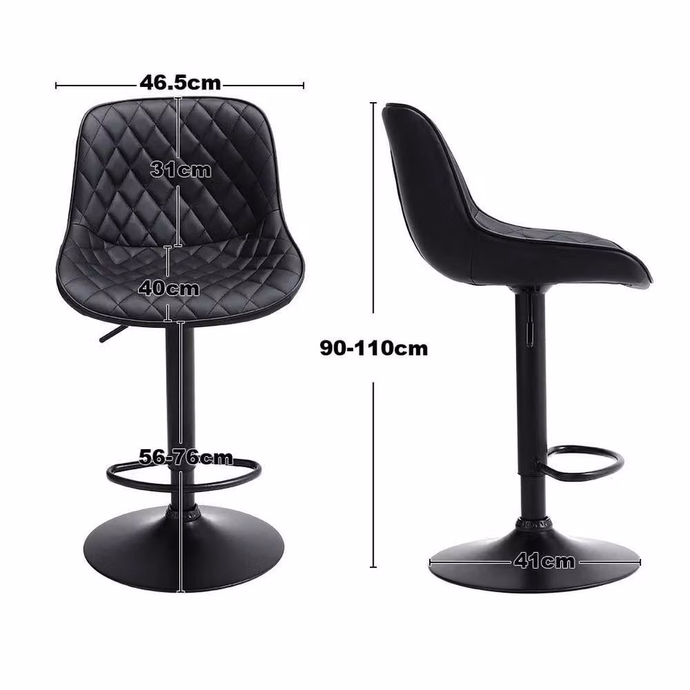 KORVIXA Set of 2 Height Adjustable Bar Stools in Black Synthetic Leather with Metal Frame, W: 60 cm, H: 75 cm – 2