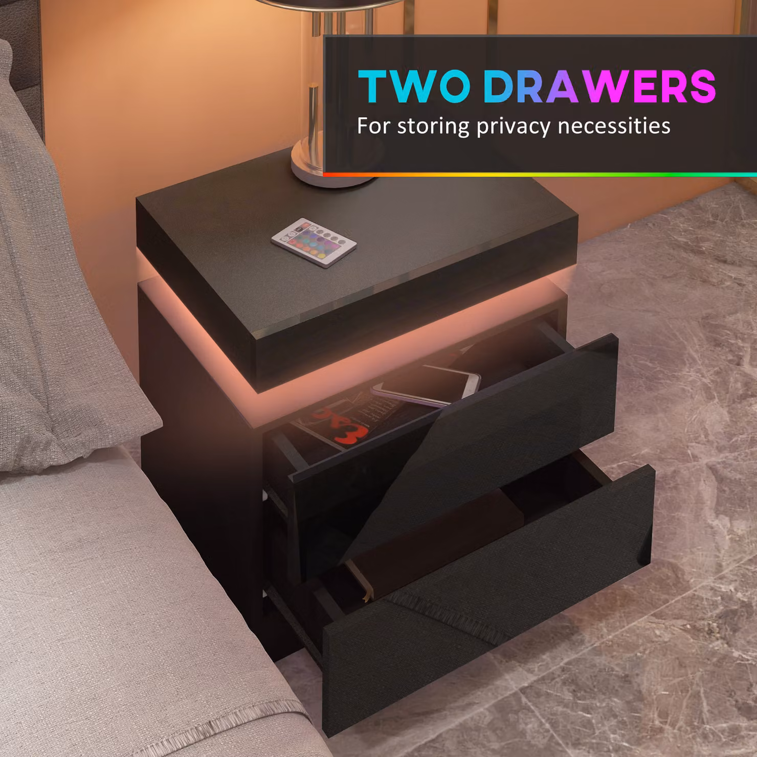 HOMCOM Set of 2 High Gloss Black Bedside Tables with RGB LED Lighting and 2 Drawers – 6