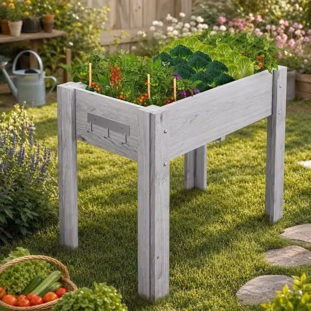 VOGREX Wooden Raised Garden Bed Elevated Planter Box with Drainage Hole, Grey, W: 86.36 cm, D: 76.2 cm, H: 45.72 cm