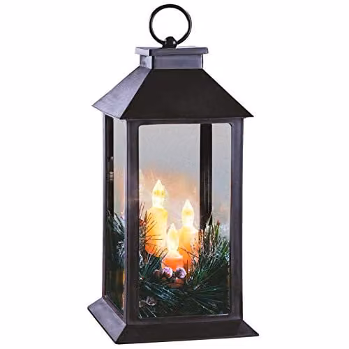 Burwells Christmas Lantern with 3 Flickering Warm White LED Candles, Black with Red and White Decorations, H 28.5 cm x W 14 cm x D 14 cm – 1