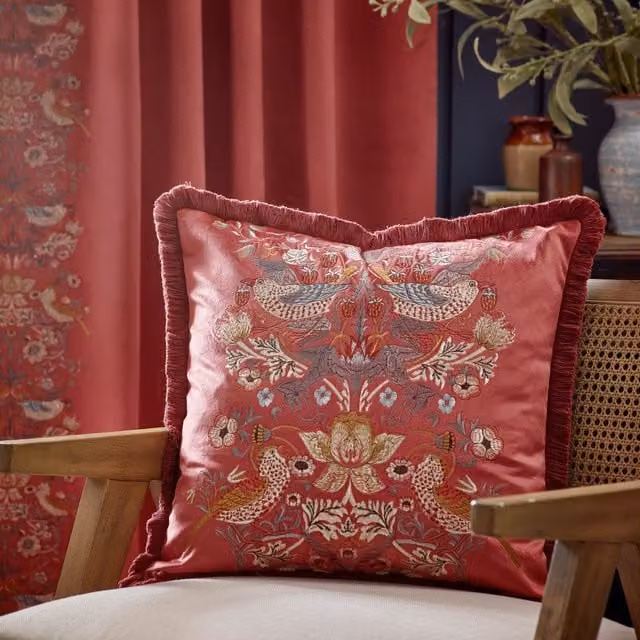 Morris & Co. Strawberry Thief Embroidered Velvet Filled Cushion, Red, W x D: 50 x 50 cm