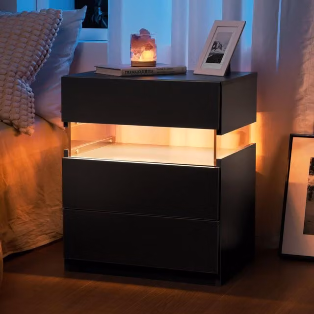 Aosom Black LED Bedside Table with 3 Storage Drawers and Multi-Colour RGB Light, W: 37.5 cm, D: 50 cm, H: 60 cm – 1