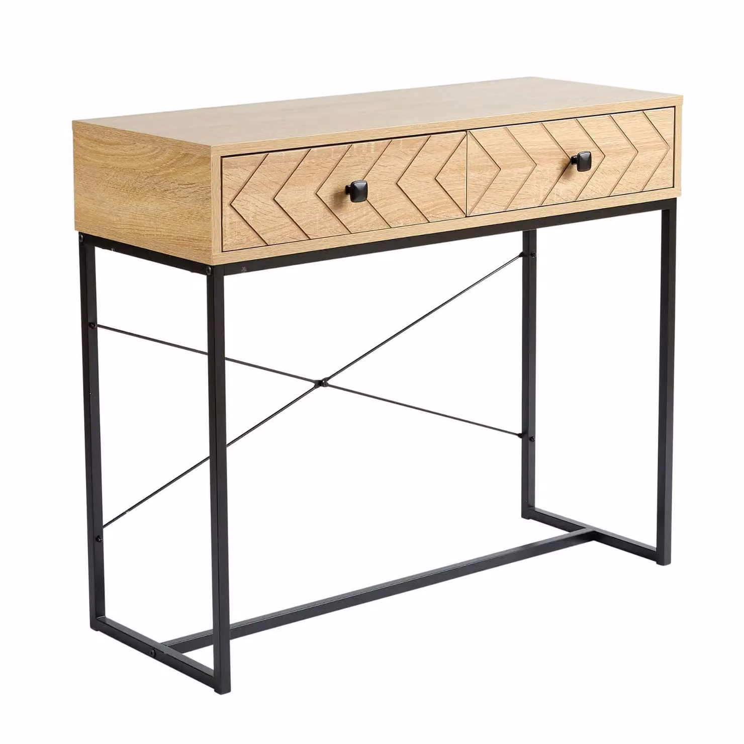 Home Source Aztec Design Console Table with 2 Drawers in Light Oak Effect and Black Metal Legs – 5
