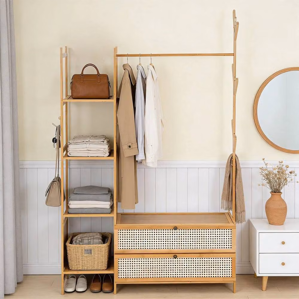Kelvenix Scandinavian Bamboo Freestanding Wardrobe and Open Storage Cabinet in Natural Brown and Beige – 2