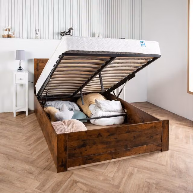 Home Treats Oak Grain Wooden Ottoman Bed Frame with Lift Up Base, Brown, 140 x 200 cm