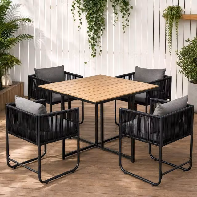 STILVORA Modern Black Metal and Rattan Space-Saving Dining Set