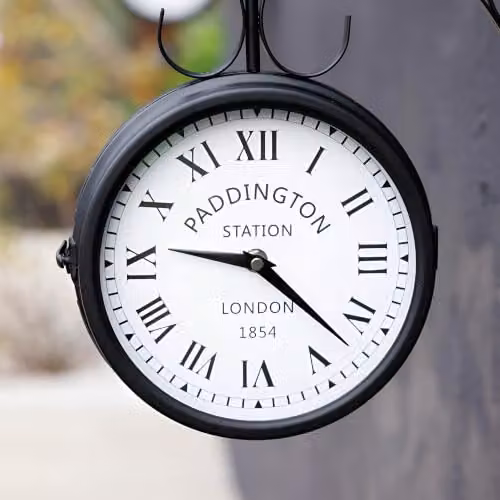 Primrose Double Sided Paddington Station Clock in Black with Black Bracket, Diameter: 31 cm – 2