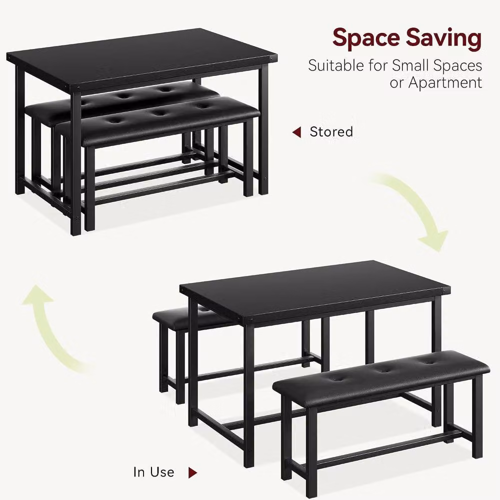 London Boutique 3-Piece Dining Set with Rectangular Table and 2 Upholstered Benches in Black, W/D/H: 136 x 70 x 75 cm – 4