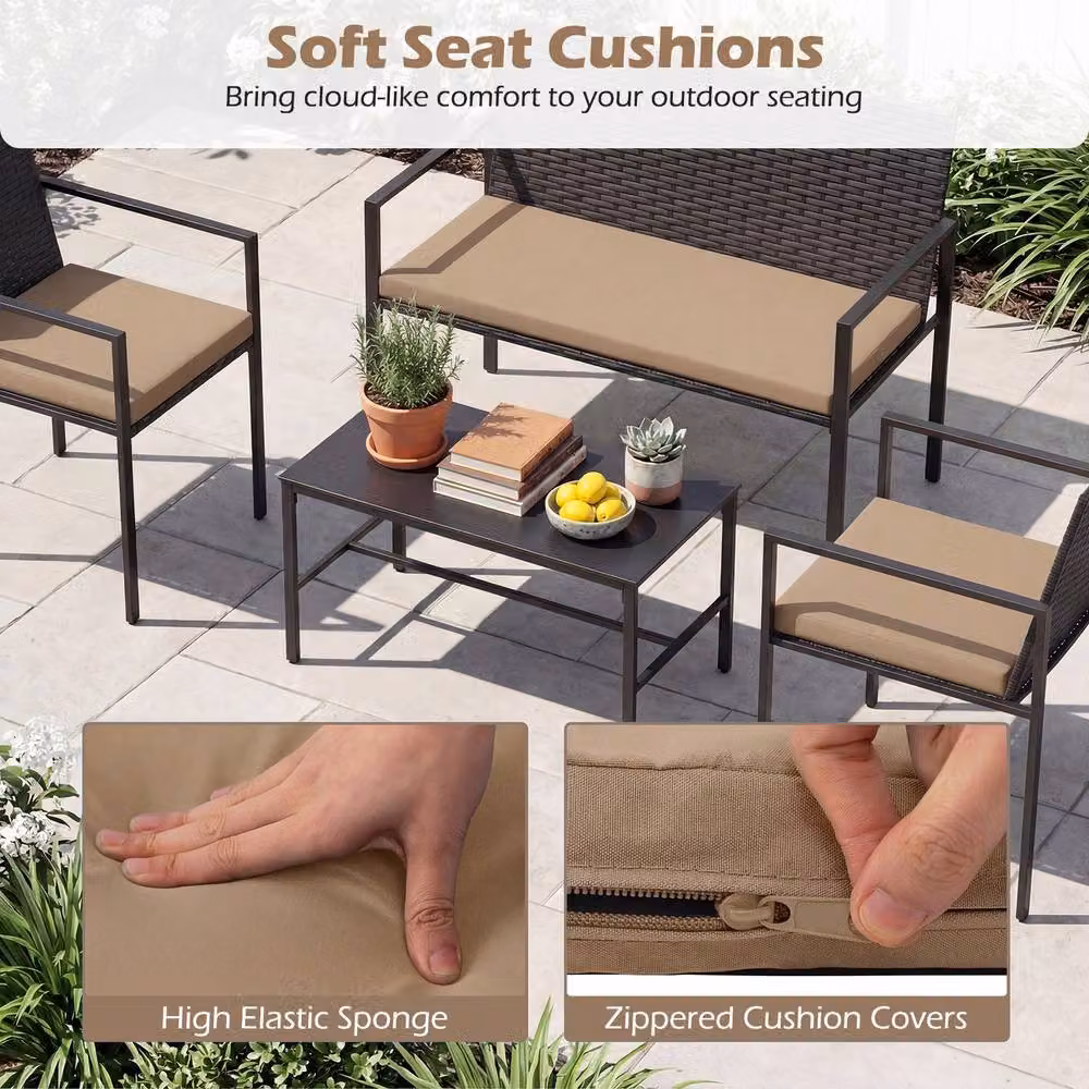 Costway 4-Piece Outdoor Rattan Patio Furniture Set with Loveseat, Armchairs and Coffee Table in Beige – 9