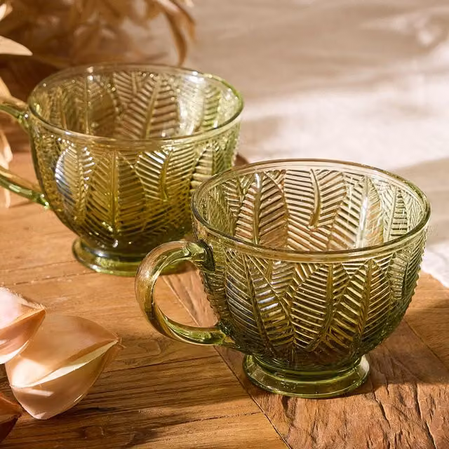 Dibor Set of 2 Floral Green Glass Afternoon Tea Cups