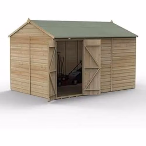 Forest Garden Rustic Wooden Reverse Apex Shed with Double Doors in Green and Brown