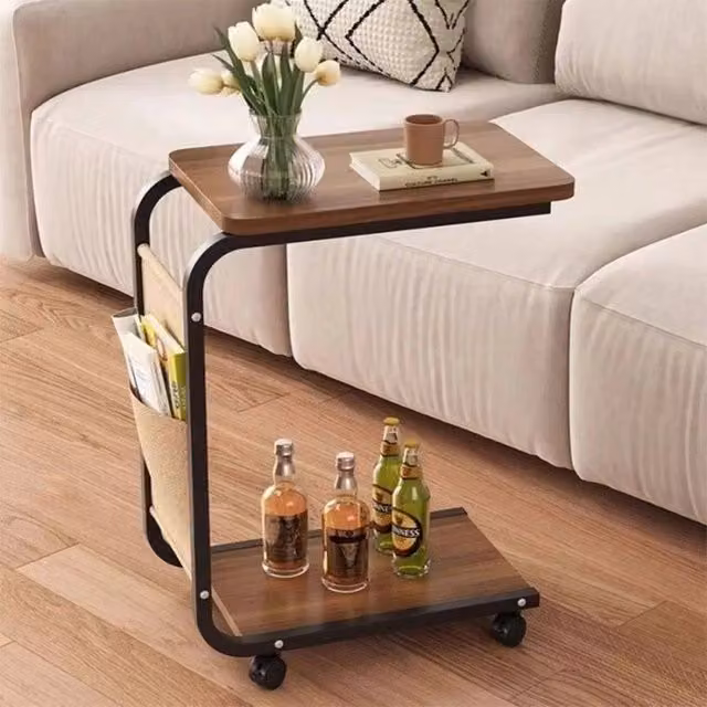 NESTLUNE Mobile C-Table Side Table with Storage Pockets in Brown, W: 100 cm, D: 60 cm, H: 63 cm – 1
