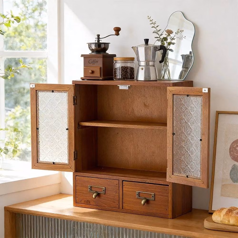 KORVIXA Rustic Brown Pine Wooden Display Cabinet with Glass Doors, W/D/H: 100 x 100 x 100 cm – 3