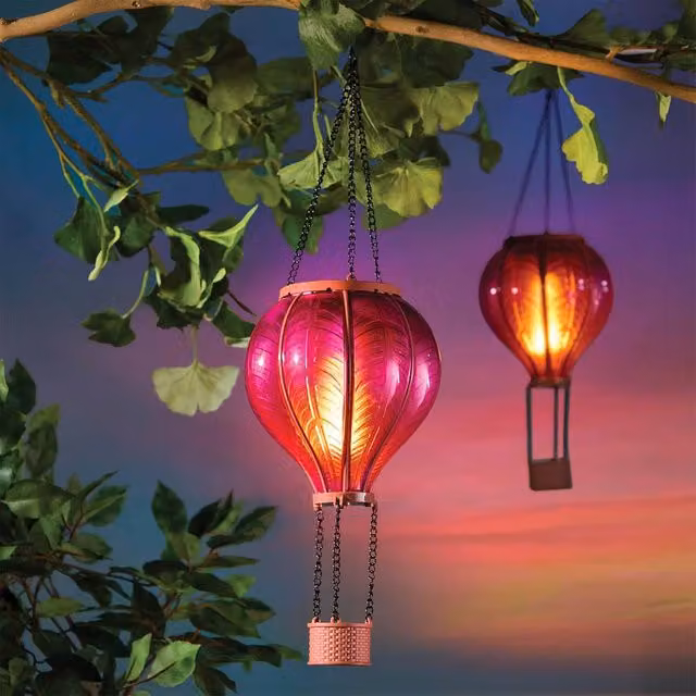 Gainsborough Solar-Powered Hanging Hot Air Balloon Garden Light with 30 LED Flickering Lights in Purple and Pink