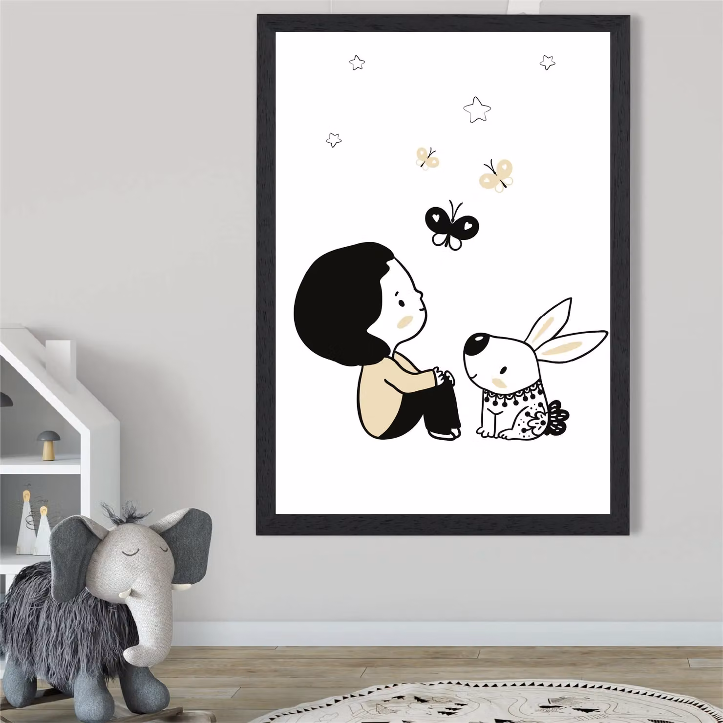 ARTZE Scandi Prince Little Boy with Rabbit Framed Print, Multicolour, Black Frame – 2