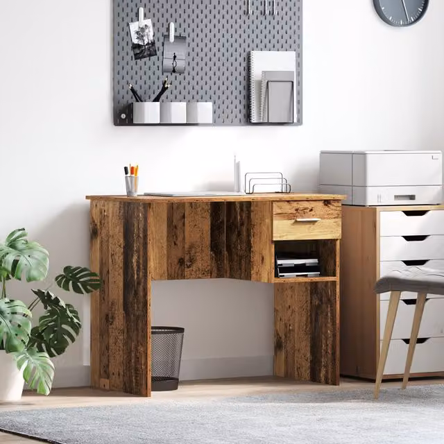 Berkfield Home Writing Desk with Storage in Brown Old Wood, W: 90 cm, D: 49.5 cm, H: 75 cm