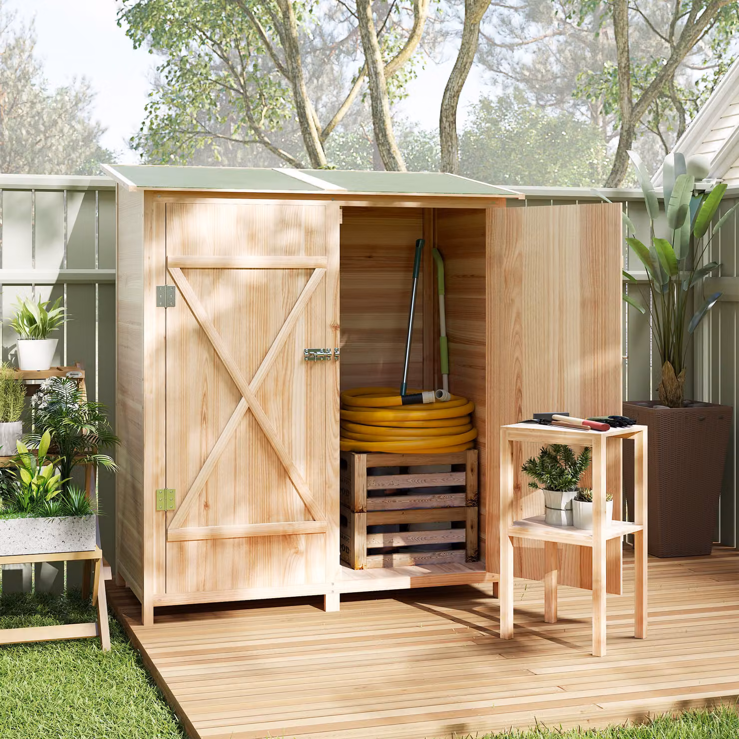 Outsunny Brown Rustic Wood Garden Shed with Double Doors and Pent Roof, W: 140 cm, H: 75 cm – 6