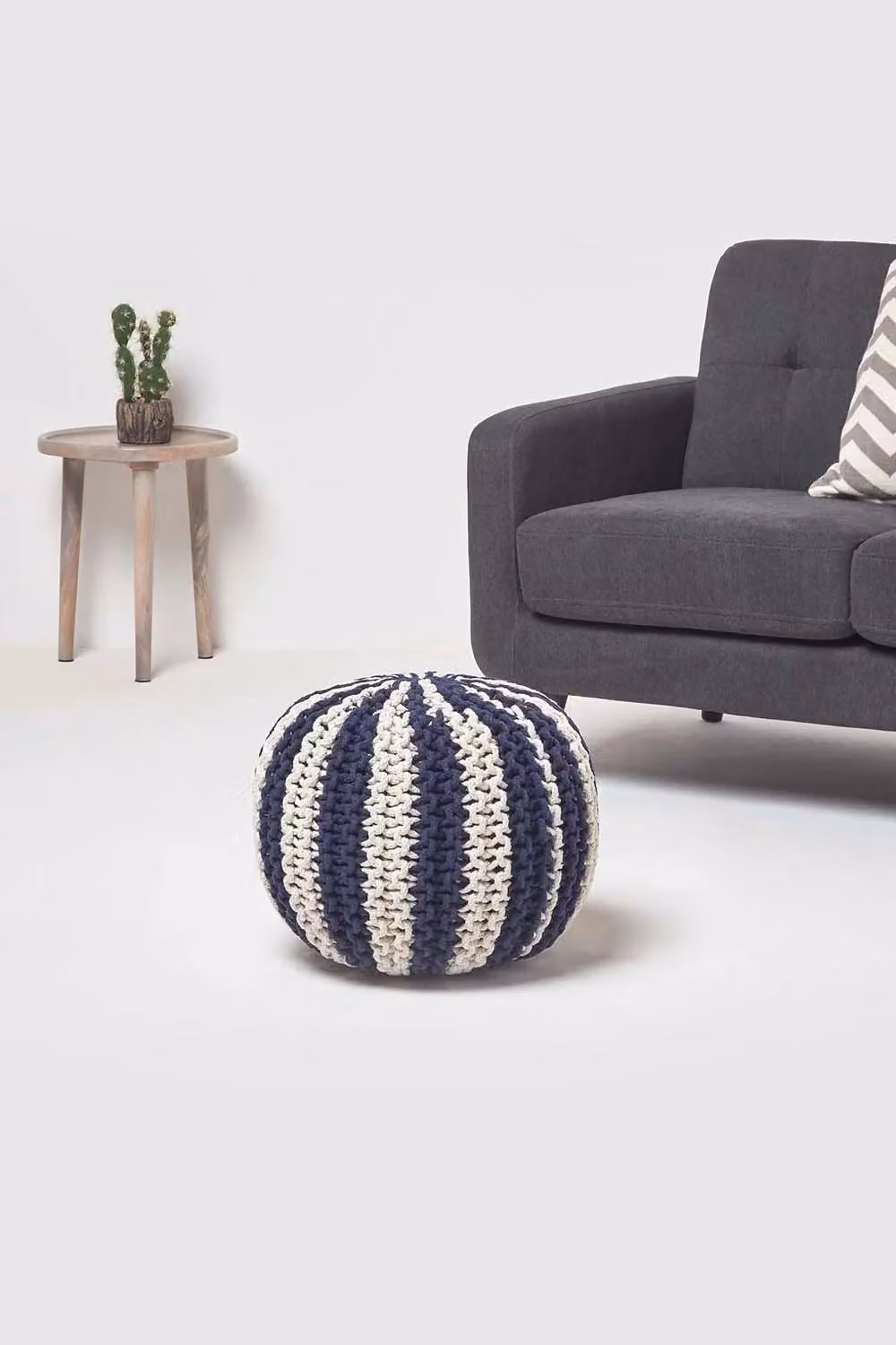 Homescapes Striped Knitted Cotton Pouffe Footstool in Blue, W/D/H: 35 x 40 x 35 cm – 2