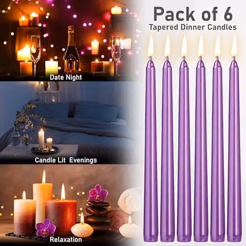 Deco Express Set of 6 Classic Unscented Dripless Tapered Metallic Purple Dinner Candles – 6