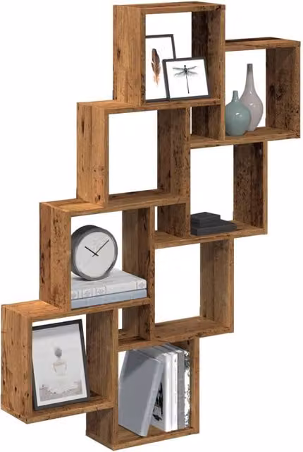 Berkfield Home Wall Mounted Cube Shelf in Old Wood Brown, W/D/H: 90 x 15 x 119.5 cm