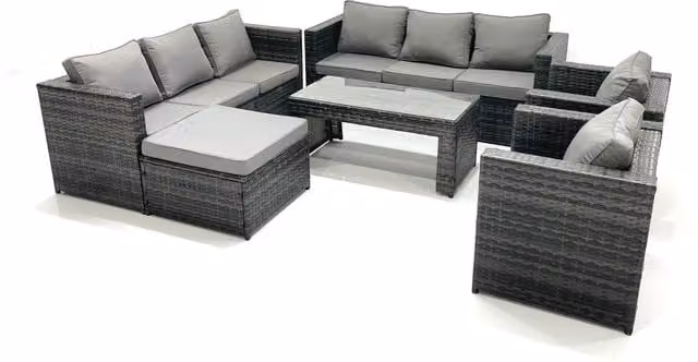 Fimous 9-Seater Grey PE Rattan Garden Sofa Set with Coffee Table and Ottoman