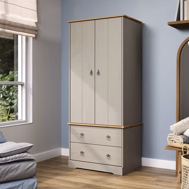 Corona Classic Grey Pine 2 Door and 2 Drawer Wardrobe in Grey Washed Wax