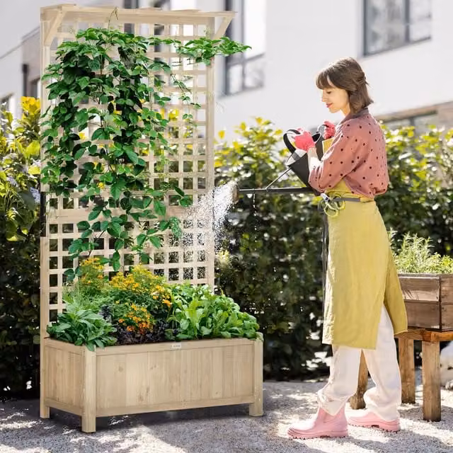 HOMCOM Brown Wood Planter Box with Trellis