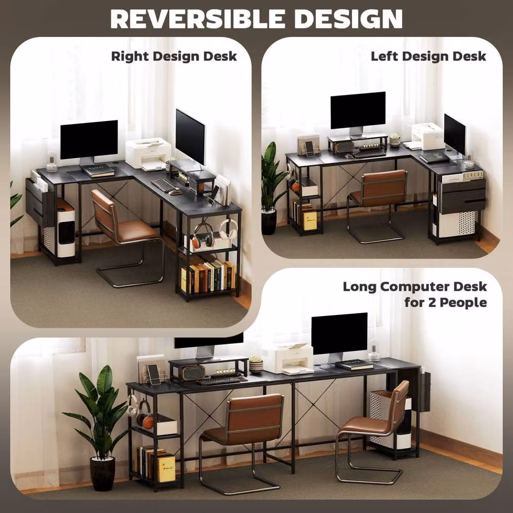 Wyld Haus Kadoso Black Reversible L Shaped Corner Desk with Monitor Stand and Shelves, Width: 168 cm – 6