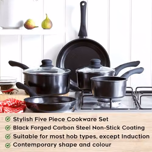 Cermalon 5-Piece Black Carbon Steel Cookware Set with Non-Stick Ceramic Coating – 7