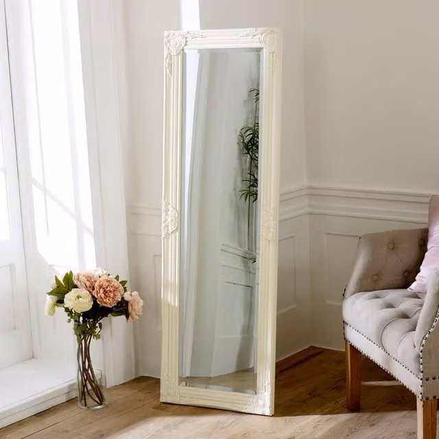Melody Maison Ornate Oval Wall Mirror in Beige and White, H: 142 cm, W: 47 cm, D: 1 cm