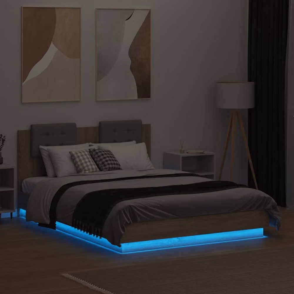 Berkfield Home Sonoma Oak Small Double Bed Frame with LED Lighting and USB Charging Port in Tan, W/D/H: 120 x 190 cm – 3
