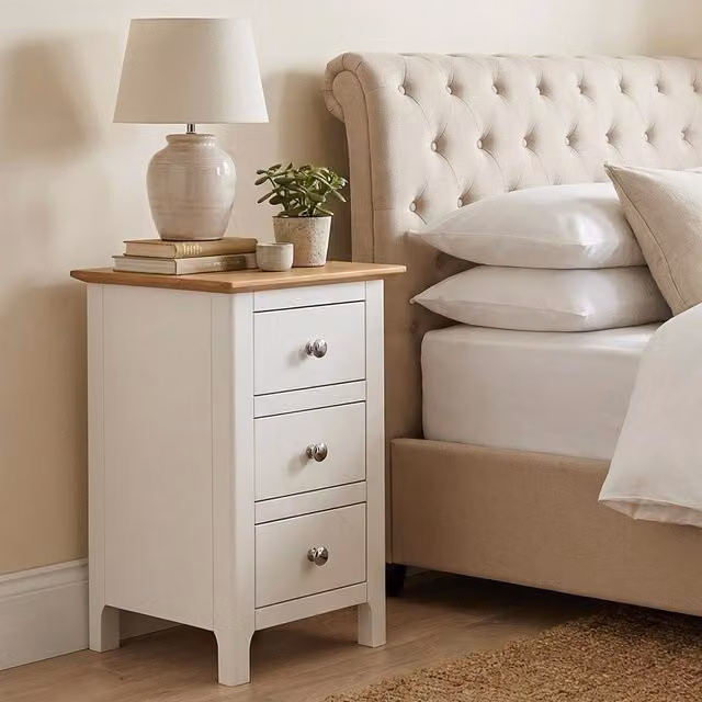 Taberno Pair of 2 Three Drawer Bedside Tables with Oak Effect Top in White Linen