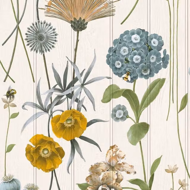 Belgravia Botanist Wood Panel Wallpaper in White and Multicolour