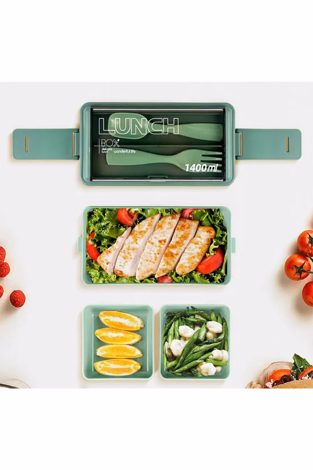 Living and Home 2-Layer 1400ml Bento Lunch Box with 3 Compartments, Spoon, Fork and Cutlery, Green – 2
