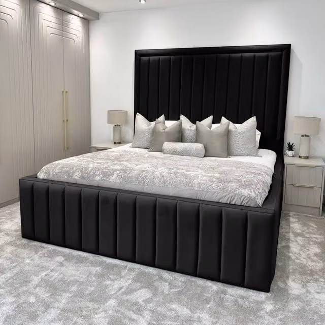 UK Bed Furniture Hampton Gas Lift Ottoman Storage Bed with 54 Inch Panel Headboard in Black, W/D/H: 120 x 200 cm
