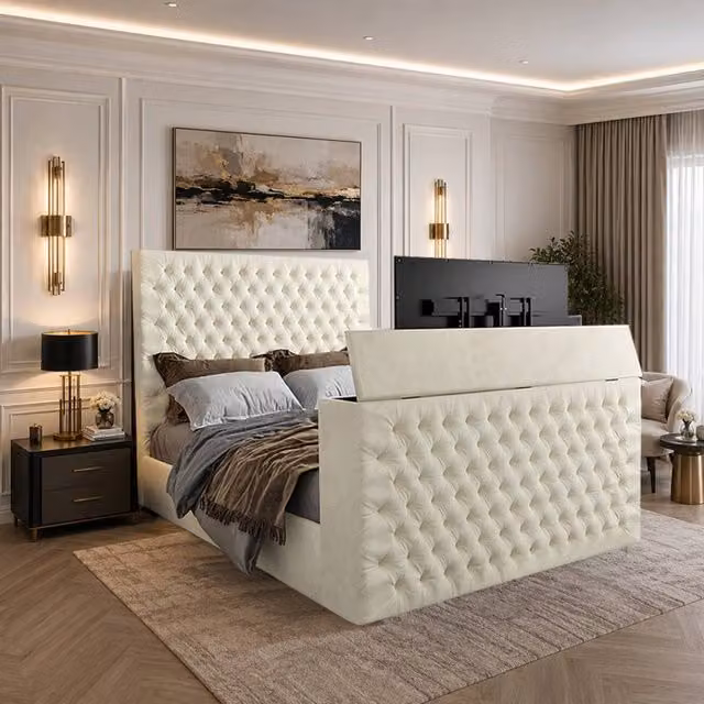 KDMD Angram Double Upholstered Soft Velvet TV Bed Frame in Cream