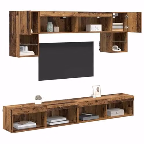 vidaXL Modern Wall Mounted TV Unit Set with Integrated LED Lighting in Brown Engineered Wood