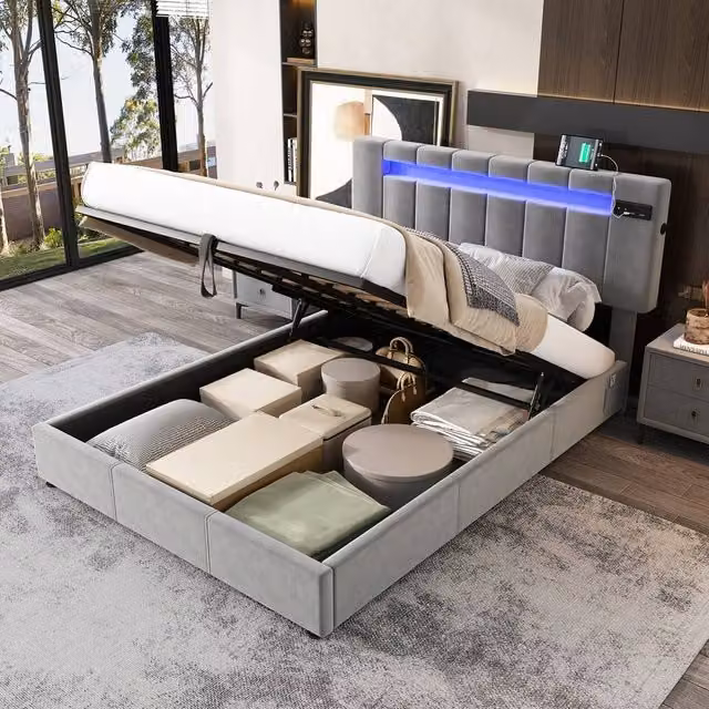 Merax Double Ottoman Storage Bed in Grey with LED, USB Ports and Bluetooth Speakers, W/D/H: 150 x 200 x 38.5 cm