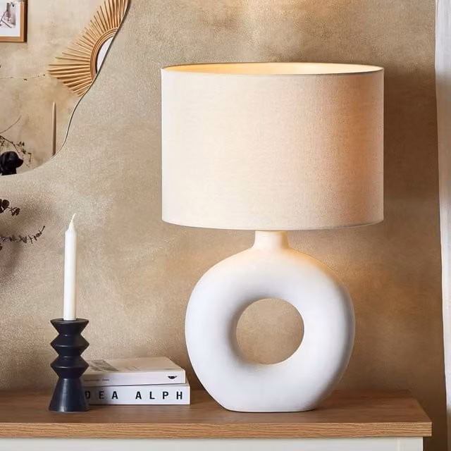 Wyld and Coco Table Lamp with White Ceramic Base and Beige Fabric Shade