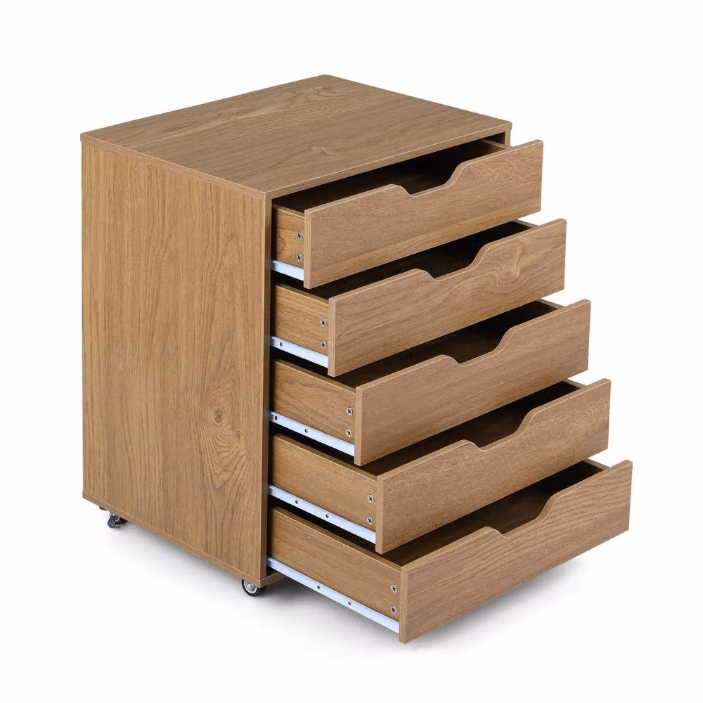 Costway 5 Drawer Rolling Dresser Storage Cabinet with Lockable Wheels in Natural Wood Finish – 4