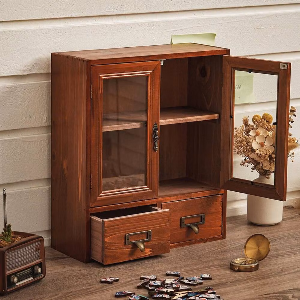 FLAVORA 2 Tier Wall Hanging Storage Cabinet with Drawers in Brown, W/D/H: 30 x 12 x 36 cm – 2