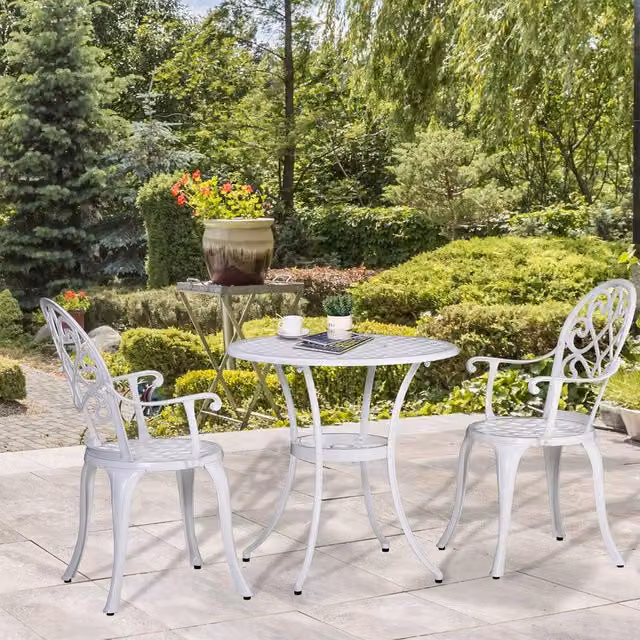 OUTSUNNY 3-Piece Garden Bistro Set with Round Cast Aluminium Table and 2 Chairs in White – 1