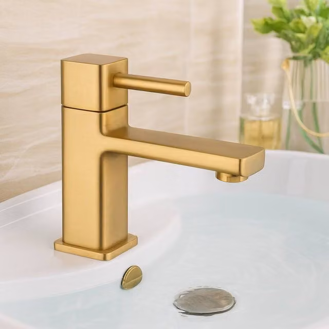 Bathroom Kingdom Quadrado Brushed Brass Square Push Button Basin Mixer Tap in Gold