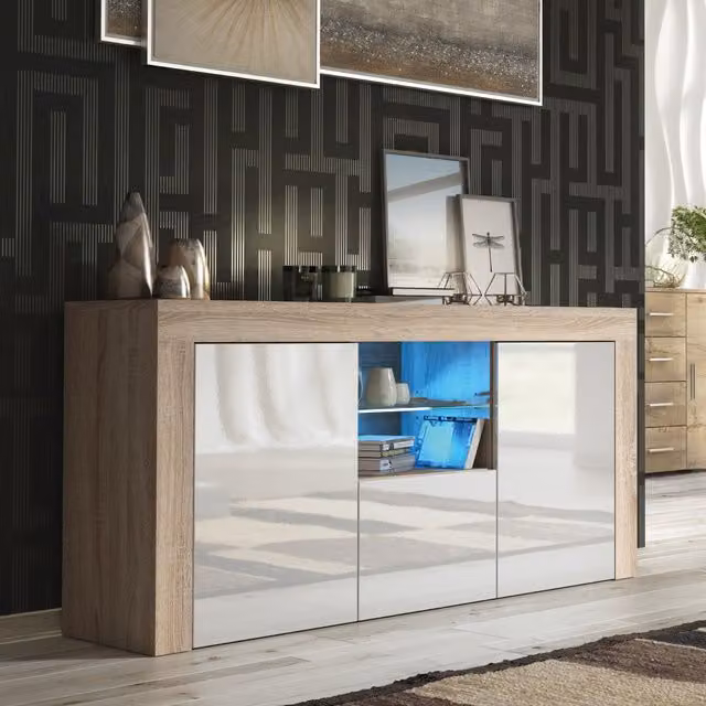 Creative Furniture Aurora Sideboard in White and Brown with Integrated Lighting, W: 145 cm, H: 70 cm, D: 35 cm