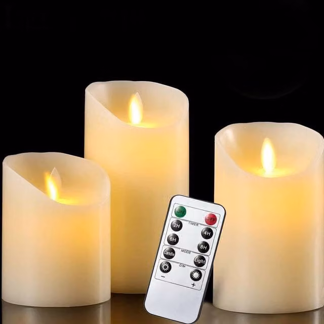 VOGREX Remote Control Battery Powered Real Wax LED Flicker Pillar Candle Lights in Ivory