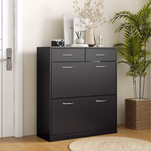 HOMCOM Narrow Black Shoe Cabinet with 2 Tilting Drawers for 12 Pairs of Shoes