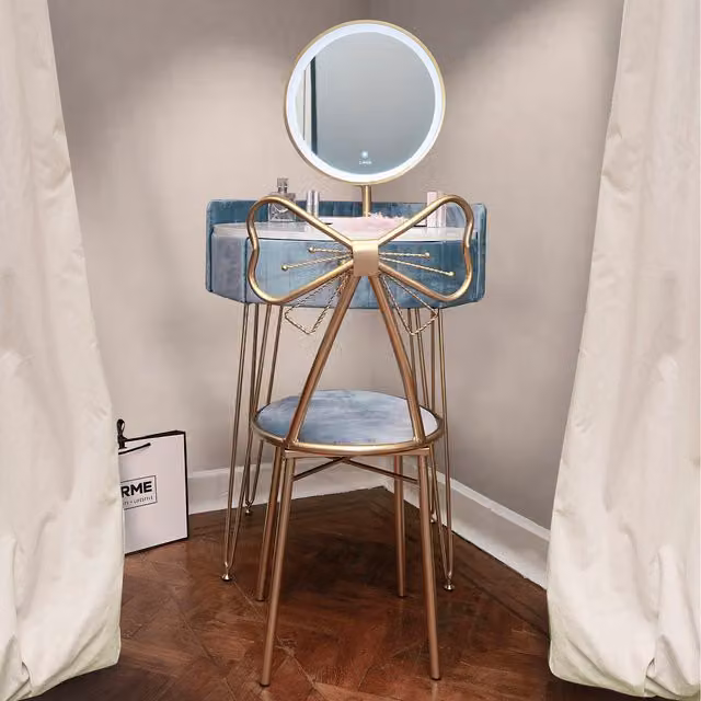 Carme Hollywood LED Dressing Table with Round Mirror in Grey, White and Gold