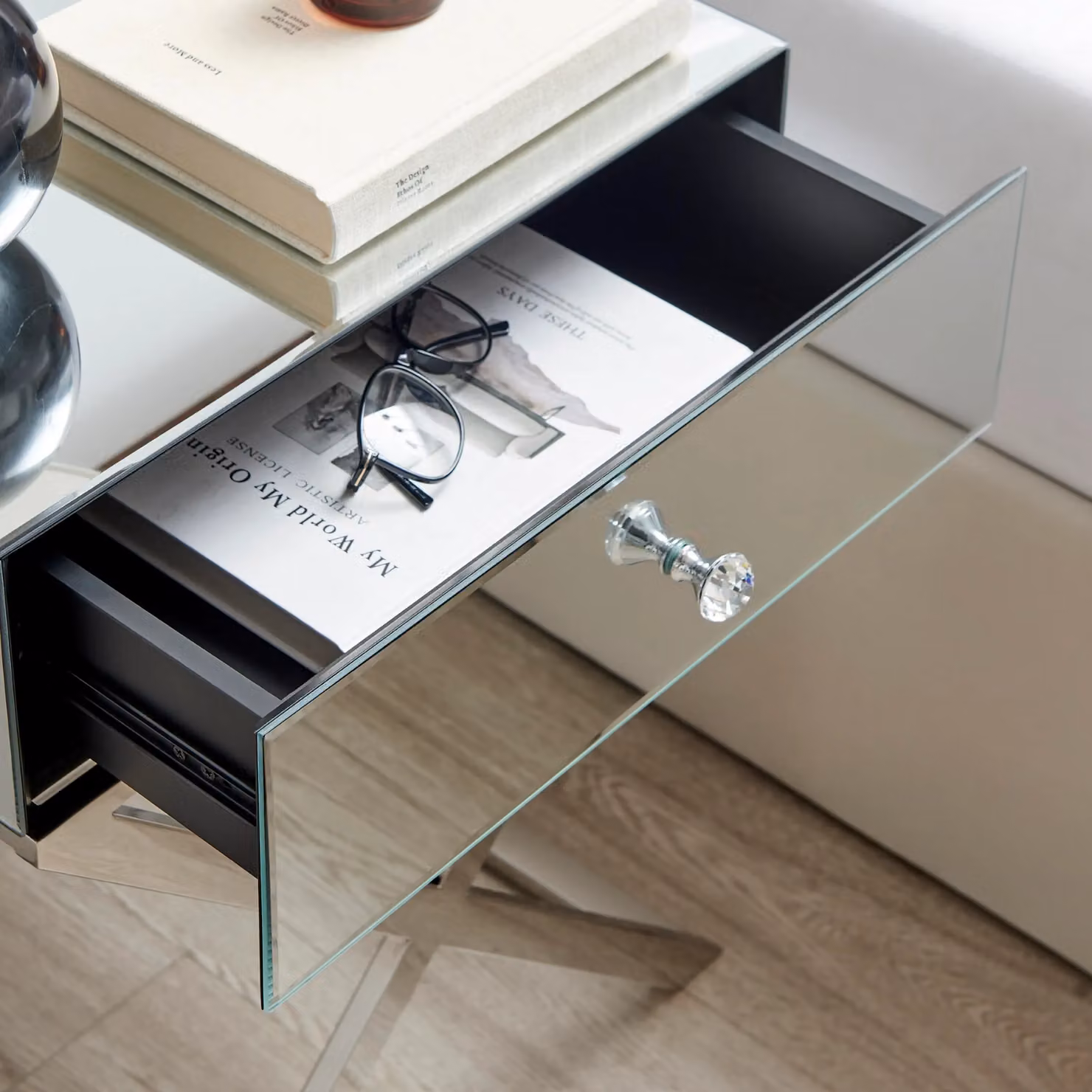 FurnitureboxUK Celeste Single Drawer Mirrored Bedside Table with Silver Chrome Cross Legs in Grey and Silver – 2