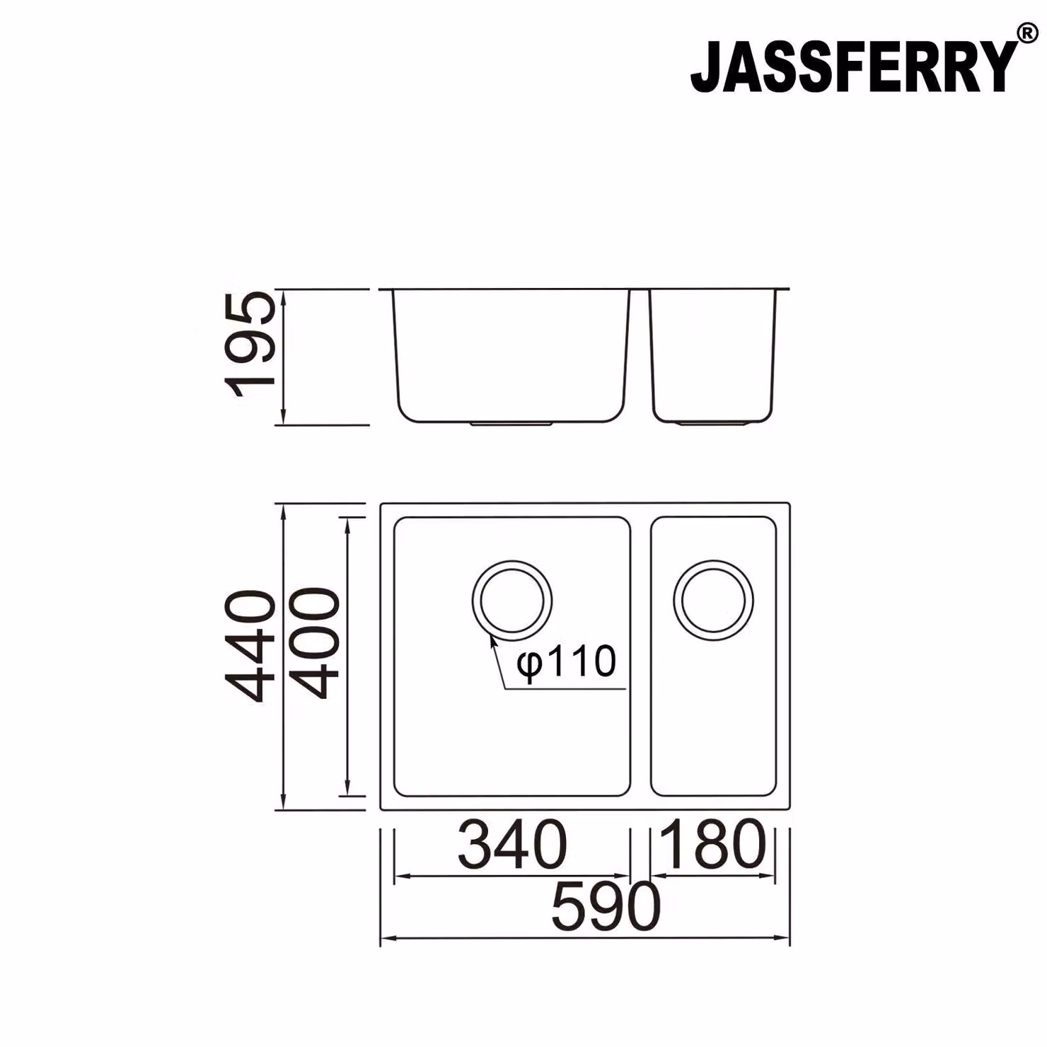 JASSFERRY 1.5 Bowl Undermount Stainless Steel Kitchen Sink in Silver, W: 59 cm, D: 44 cm, H: 19.5 cm – 2