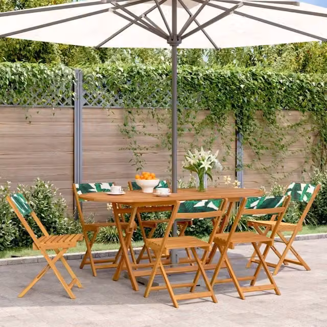 Berkfield Home Set of 6 Folding Garden Chairs in Green Fabric and Solid Acacia Wood